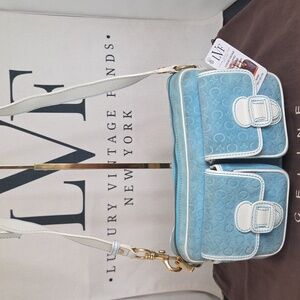Celine 2000's vintage rare Light Blue Suede/leather Macadam Crossbody gold hrdw
